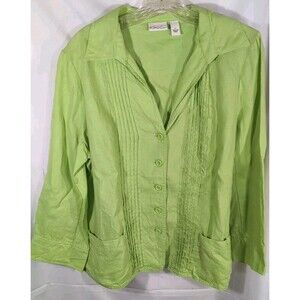 Kim Woman's Linen Lime Green V Neck Blouse Size Large with Pocket Detail